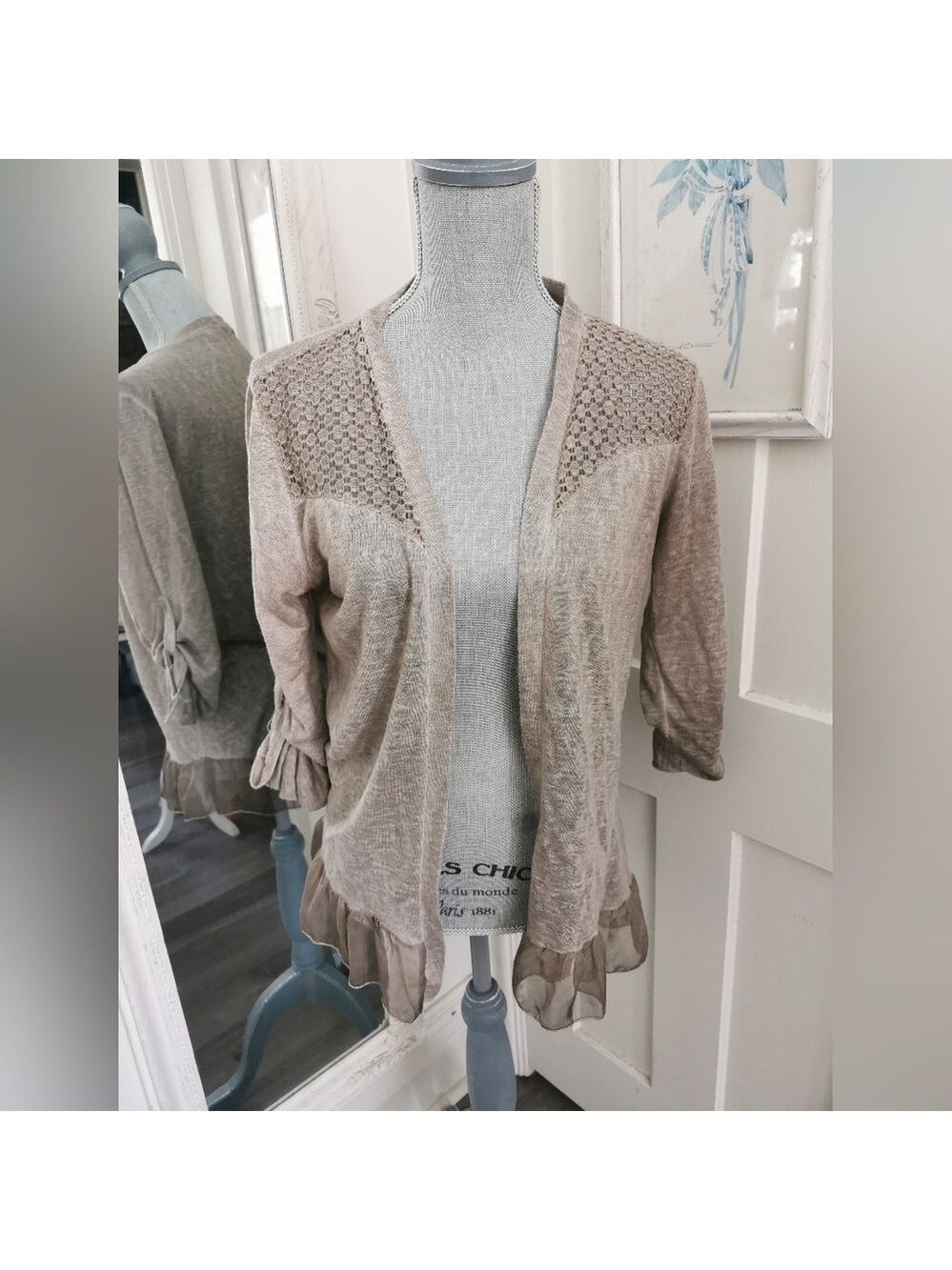Elena Baldi Eyelet Chiffon Open Cardigan/Chiffon Ruffles. Made in Italy. Size L